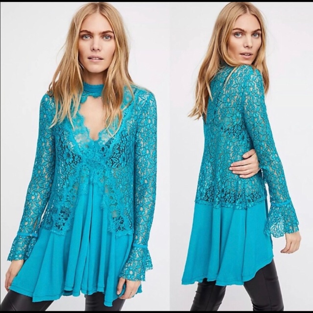 NWT Free People Lace Tunic Top, Ocean Blue